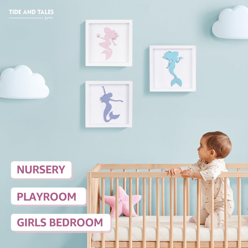 Tide and Tales Elegant 3D Mermaid Wall Decor, Framed Wooden Set of 3 Silhouettes in Pastel Colors, Mermaid Bathroom Decor, Ocean Room Decorations for Girls Bedroom, Ocean Wall Art - Image 4